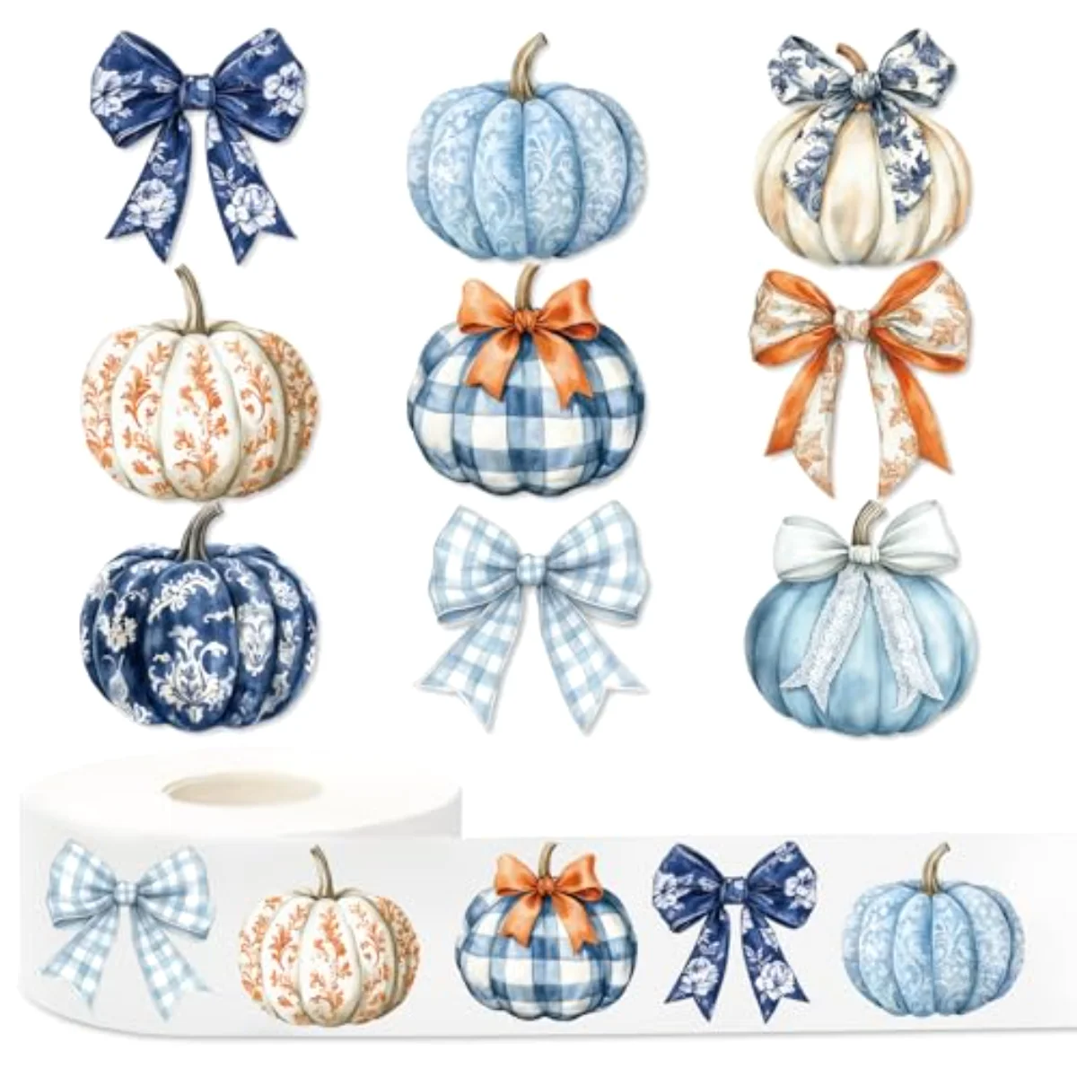 1000Pcs Fall Sticker Blue Orange Chinoiserie Pumpkin Bow Self Adhesive