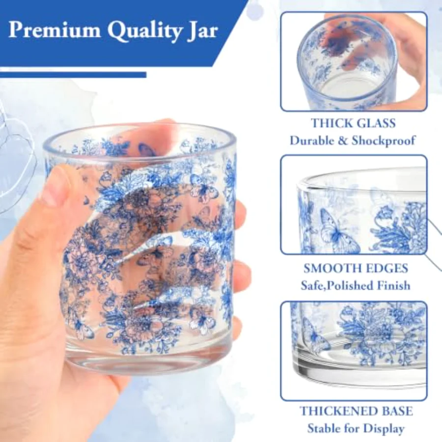 12 Pcs Blue Floral Glass Candle Jars with Lids, view 3