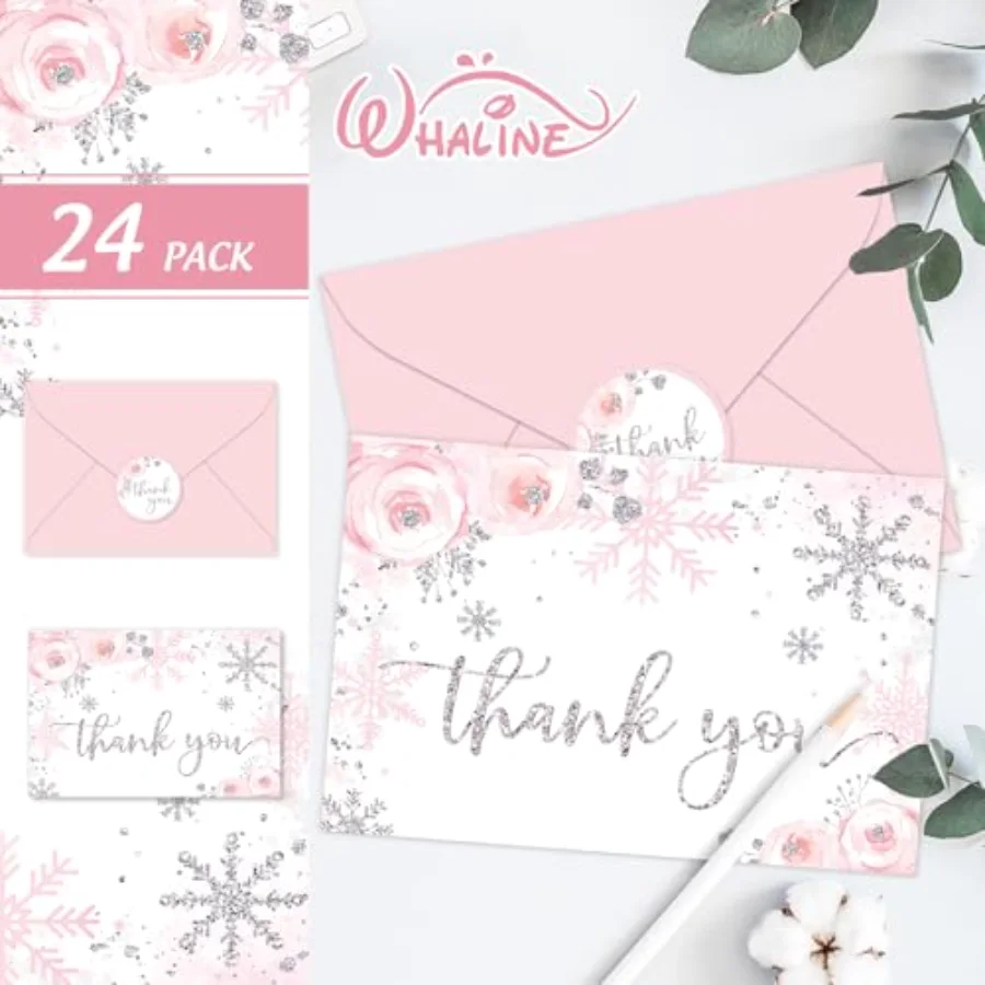 24 Pack Christmas Thank You Card Pink Glitter Snowflake Floral Greeting, view 3