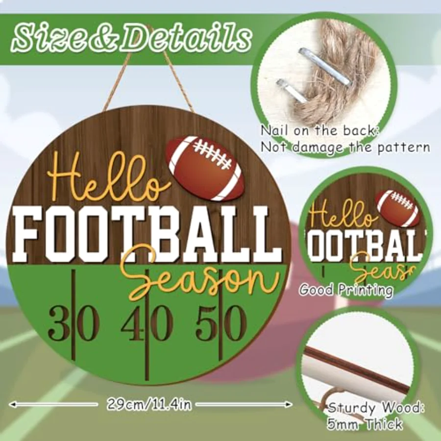 Football Wooden Hanging Sign Hello Football Season Wall Plaque Sports Game, view 2