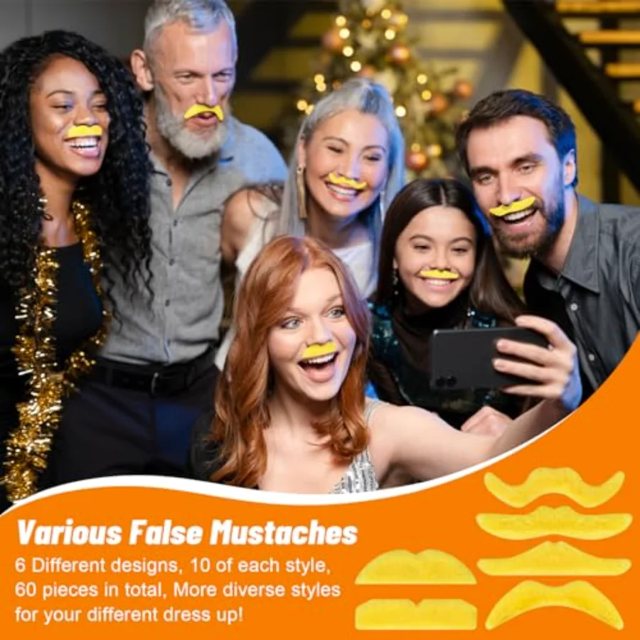 60Pcs Yellow Fake Mustache Halloween Self-Adhesive Mustaches Beard Set for, view 3