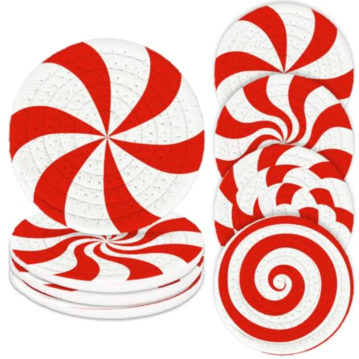 Christmas Candy Cotton Coasters Red White Peppermint Handmade Braided