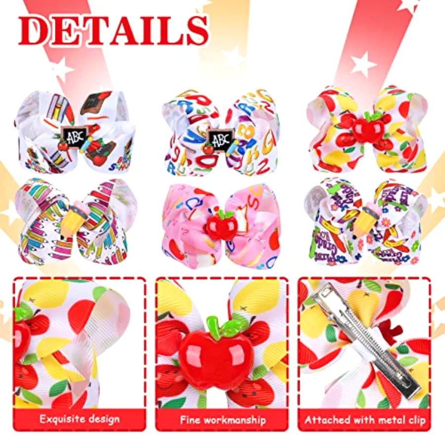 Hair Clip - 6Pcs Back to School Bow Hair Clips in Multi Color, view 3