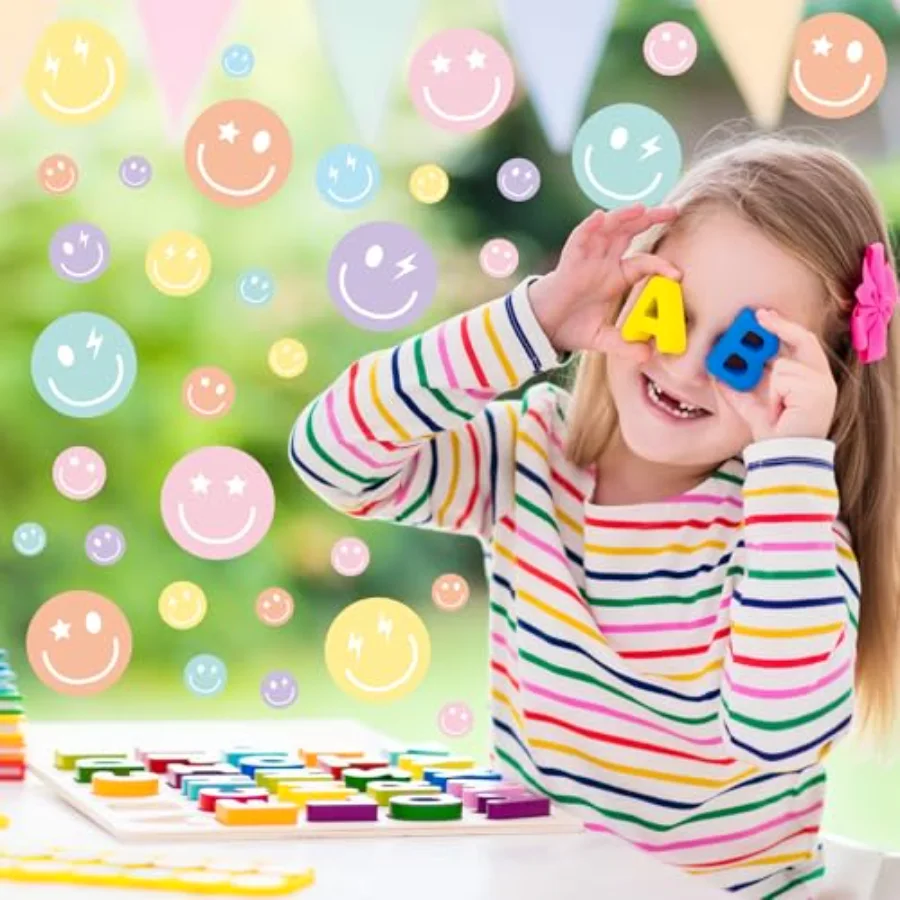 9 Sheet Smile Face Window Cling Back to School Pastel Preppy Smile Pattern, view 3