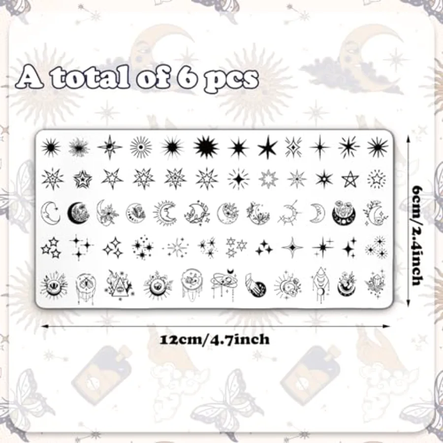 6 Pcs Sun Moon Star Nail Plates Stamping Set, view 2