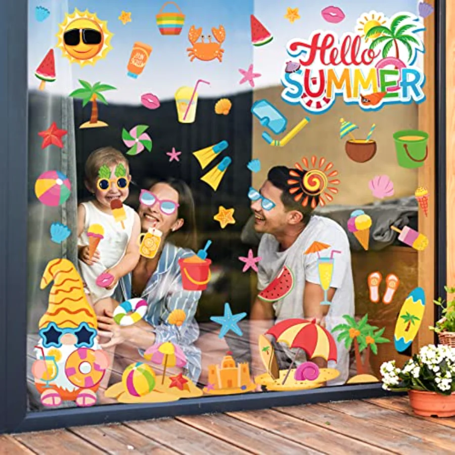 9 Sheets Hello Summer Window Clings Sun Pool Beach Window Decals Drinks, view 3
