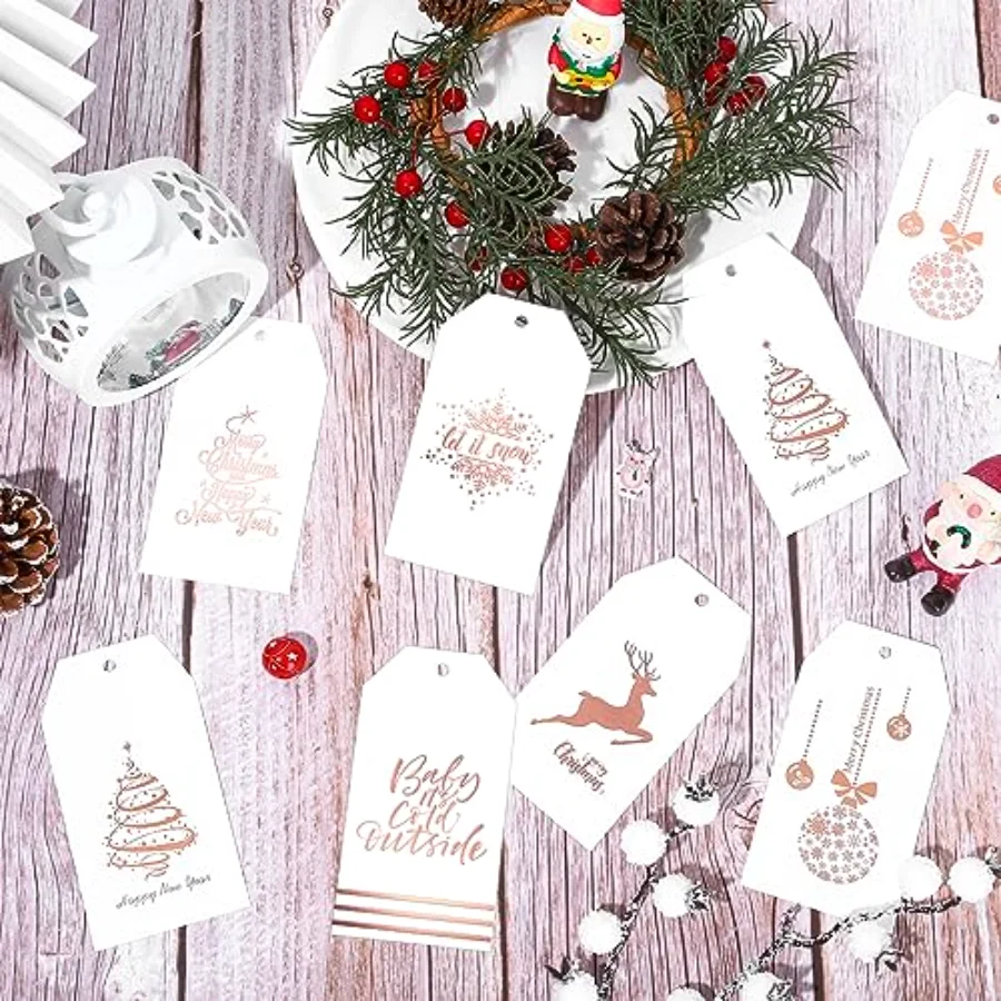 120 Pcs Christmas Rose Gold Foil Paper Gift Tags Holiday Hang Name Tags, view 4