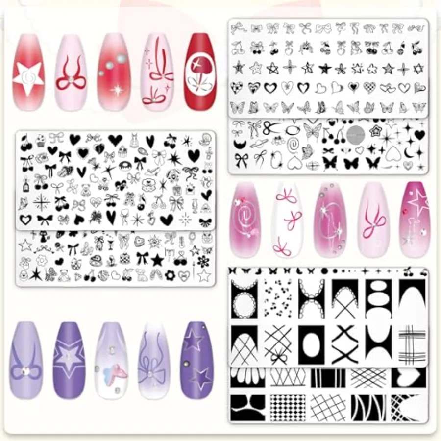 6 Pcs Coquette Nail Plates Stamping Set Bow Cherry Heart Stamp Templates, view 3