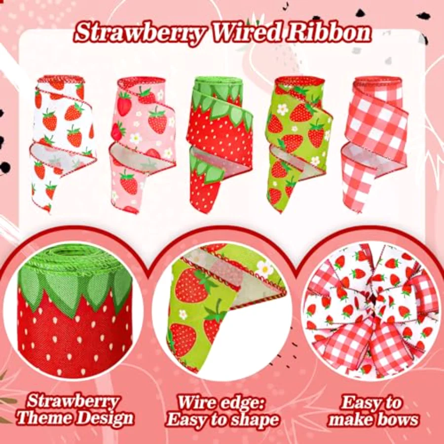 5 Roll Strawberry Wired Ribbon 2.5 Inch Red Pink Green Strawberry Plaid, view 3
