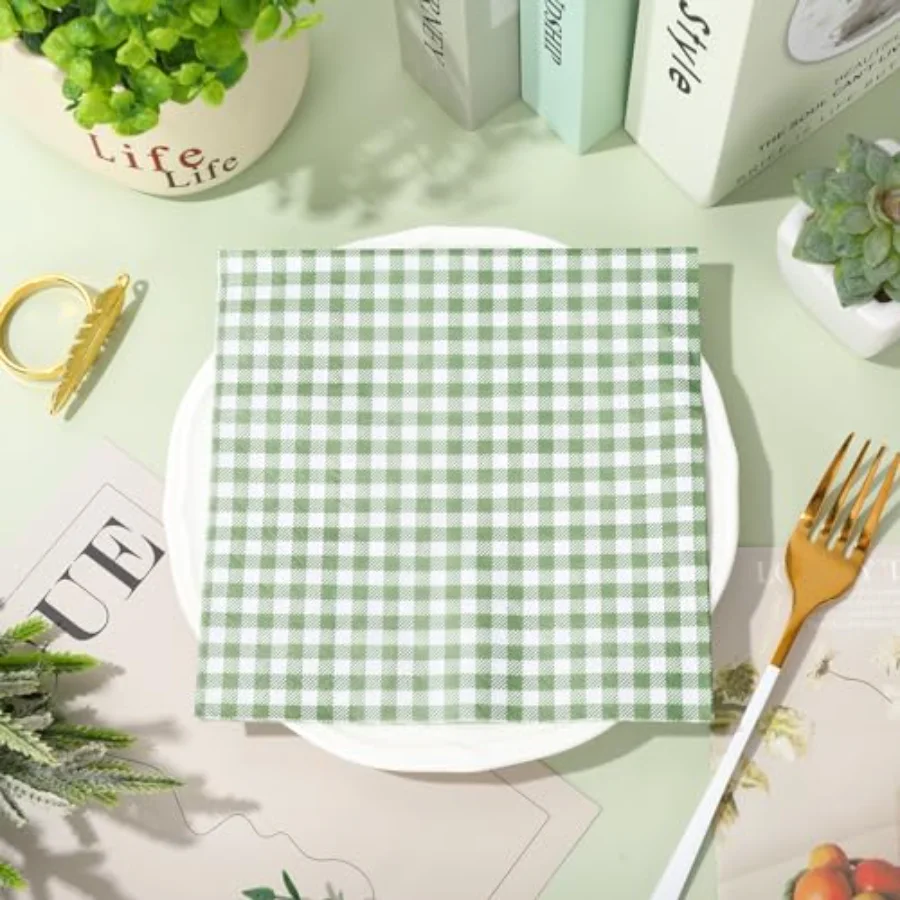 Sage Green Plaid Paper Napkins Checkered Disposable Dinner Napkins, view 3