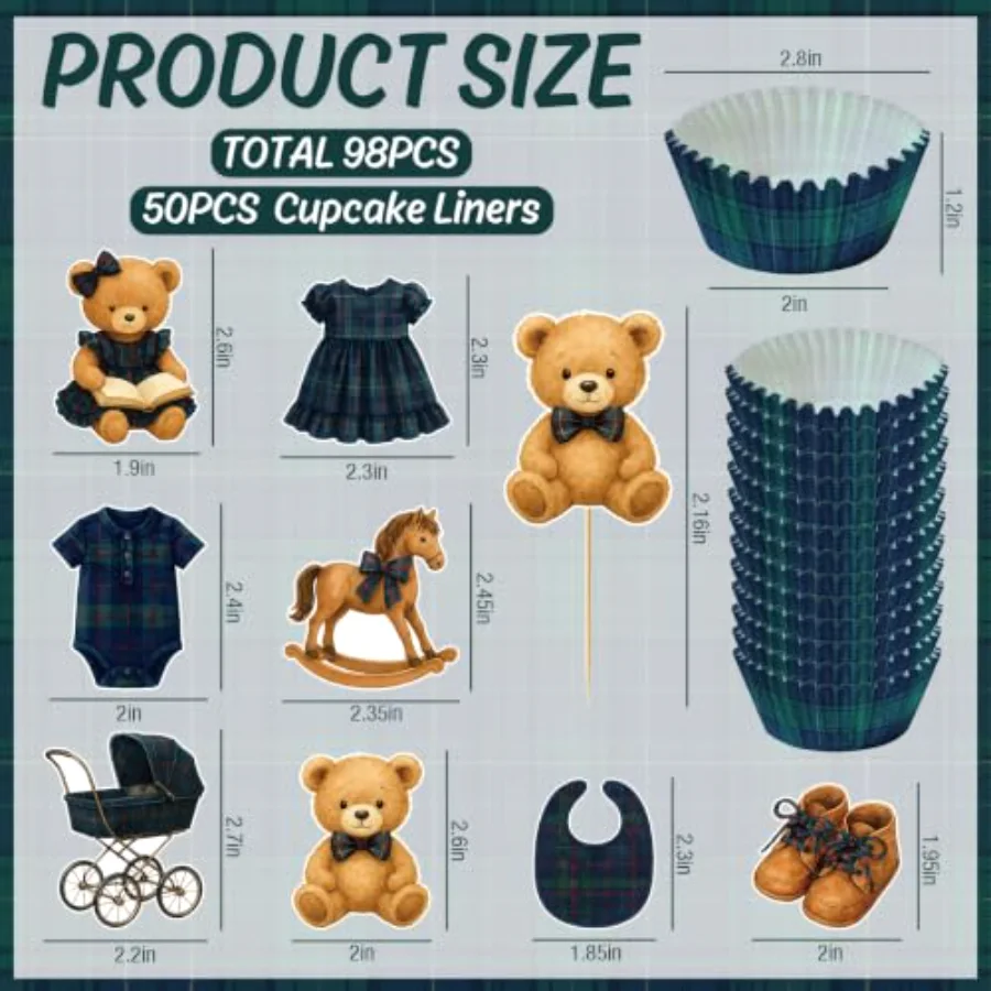 98 Pcs Tartan Plaid Decorations Set Baby Shower Cupcake Liner and Toppers, view 2