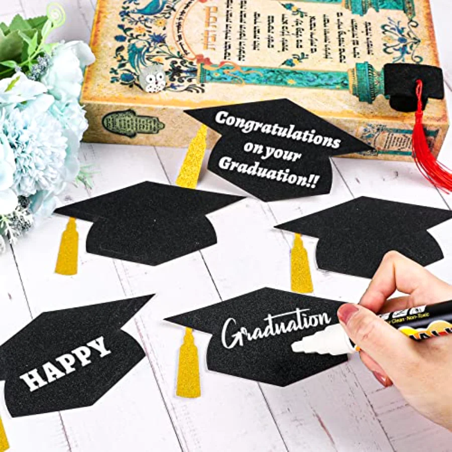 50Pcs Grad Caps Cutouts Glitter Black Gold Graduation Hat Cutouts 5.7 Inch, view 4