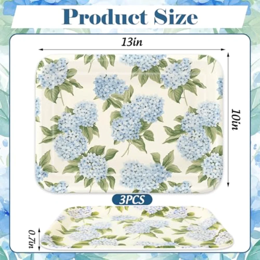 3Pcs Hydrangea Flower Serving Trays Melamine Platter Spring Summer Floral, view 2