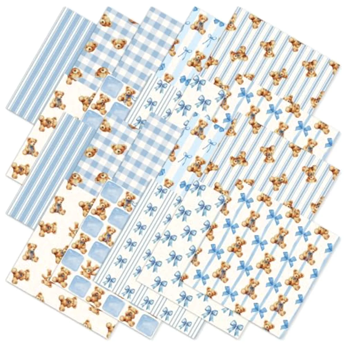 20Pcs Cute Bear Fabric Squares Cotton Fabric Bundles Small Watercolor Blue