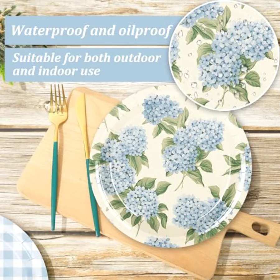 40Pcs Hydrangea Plaid Paper Plates Blue White Floral Disposable Dessert, view 3