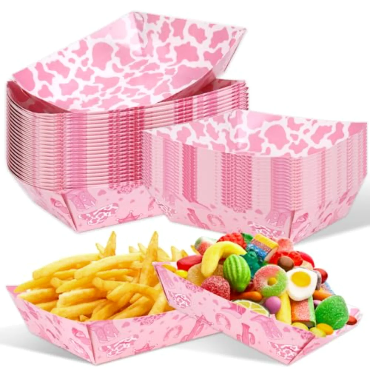 50 Pcs Western Cowgirl Paper Snack Trays Disposable Food Boats Pink Rodeo
