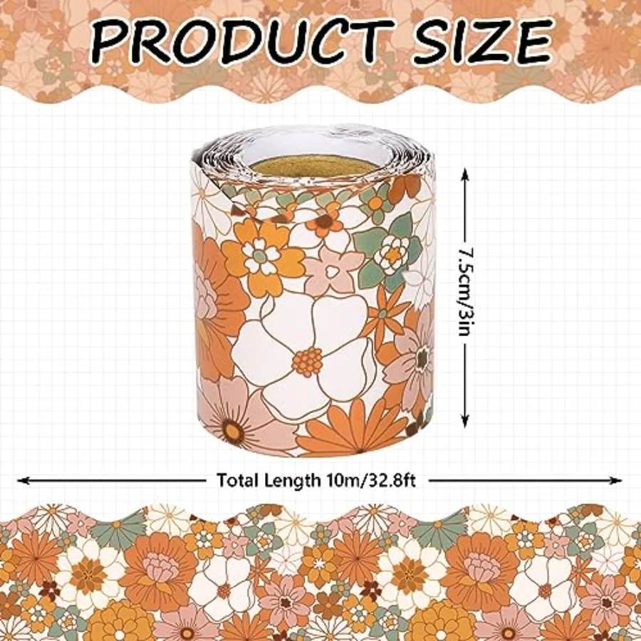 Boho Floral Bulletin Board Border Retro Summer Flower Scalloped Die-Cut, view 2