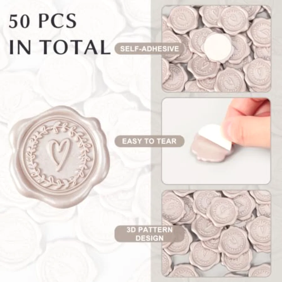 50Pcs Embossed Wax Seal Stickers Champagne Heart Envelope Seal Decals, view 3