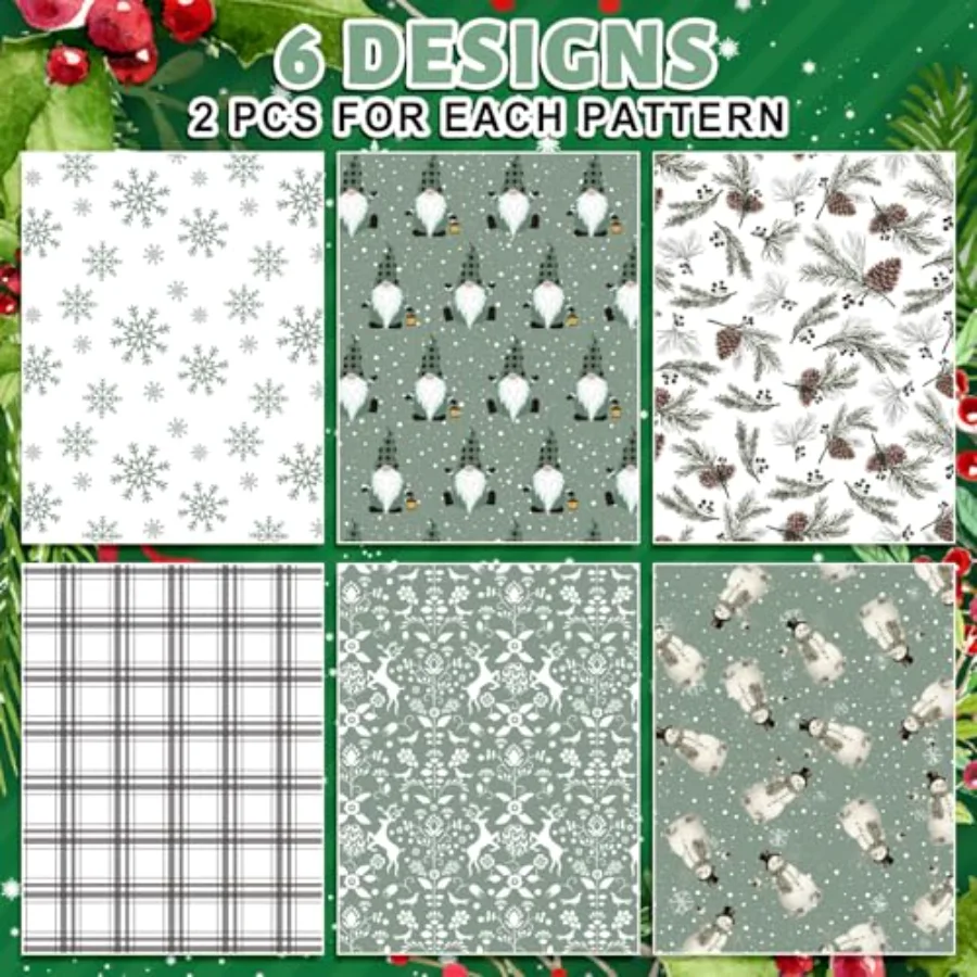 12 Sheets Christmas Wrapping Paper - Not Roll - Sage Green Snowman, view 3
