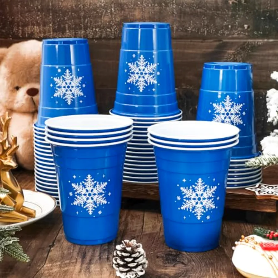 50 Pack Winter Snowflake Plastic Cups Blue Winter Wonderland Clear Plastic, view 3