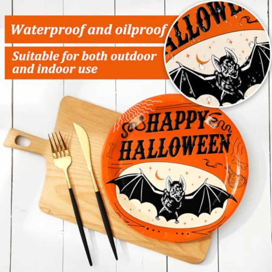 Halloween Paper Plates Vintage Orange Black Disposable Dinner Plates Black, view 3