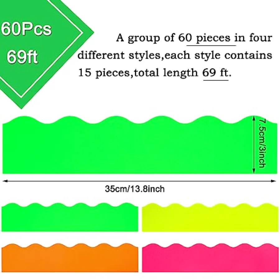 69Ft Neon Color Bulletin Board Border Fluorescent Green Yellow Orange Rose, view 2