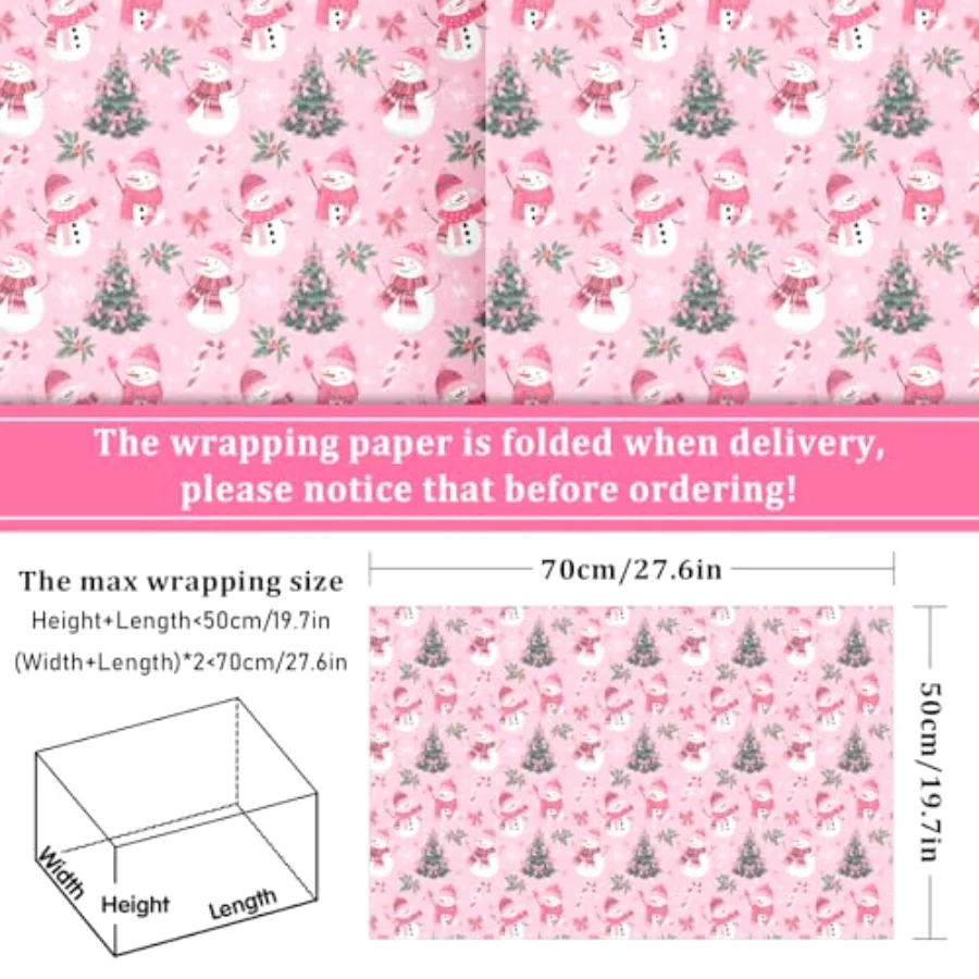 12 Sheets Christmas Tree Wrapping Paper - Not Roll - Pink Snowman Bow Xmas, view 2