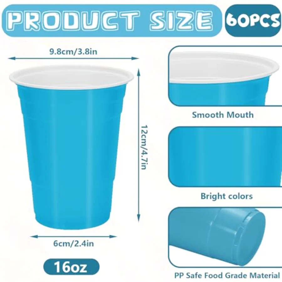 60 Pcs Colored Plastic Cups 16 Oz Blue White Plastic Cup 3 Colors, view 2