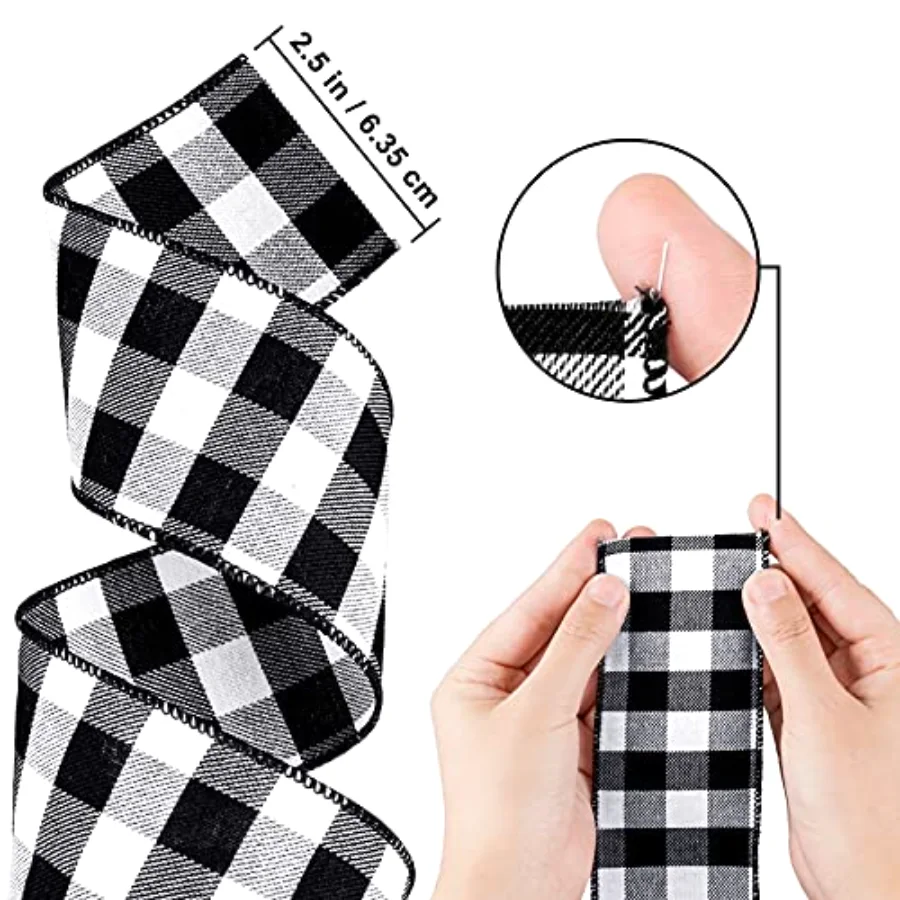 2 Rolls Wired Edge Plaid Ribbon Buffalo Check Ribbon White Black Plaid, view 2
