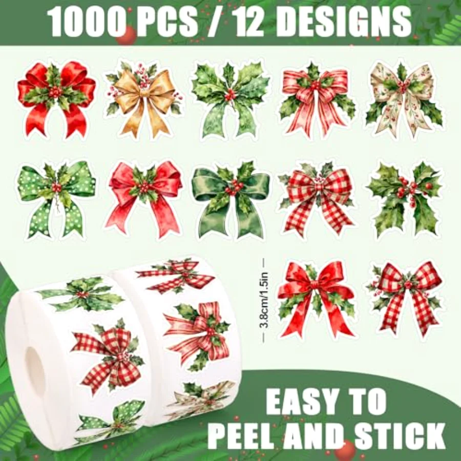 1000 Pcs Christmas Bow Stickers Roll Xmas Holly Berry Bowknot, view 2