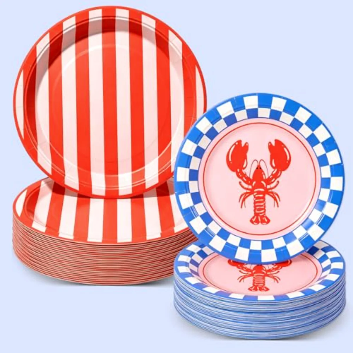 50Pcs Crawfish Paper Plates 7 & 9 Inch Summer Dinnerware Set Stripe Plaid