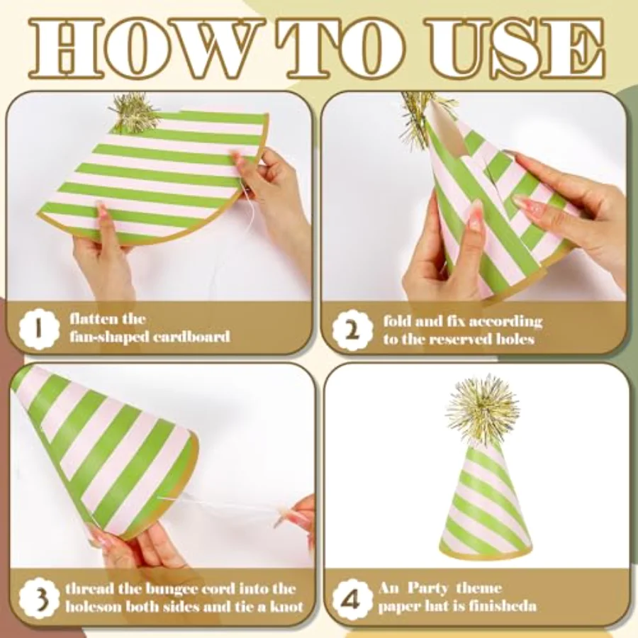 24 Pcs Stripe Birthday Party Hats with Gold Pom Poms Paper Cone Hat, view 3