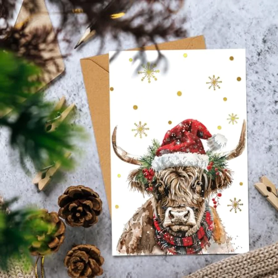 36 Packs Merry Christmas Gold Foil Greeting Cards Watercolor Highland Cow, view 4