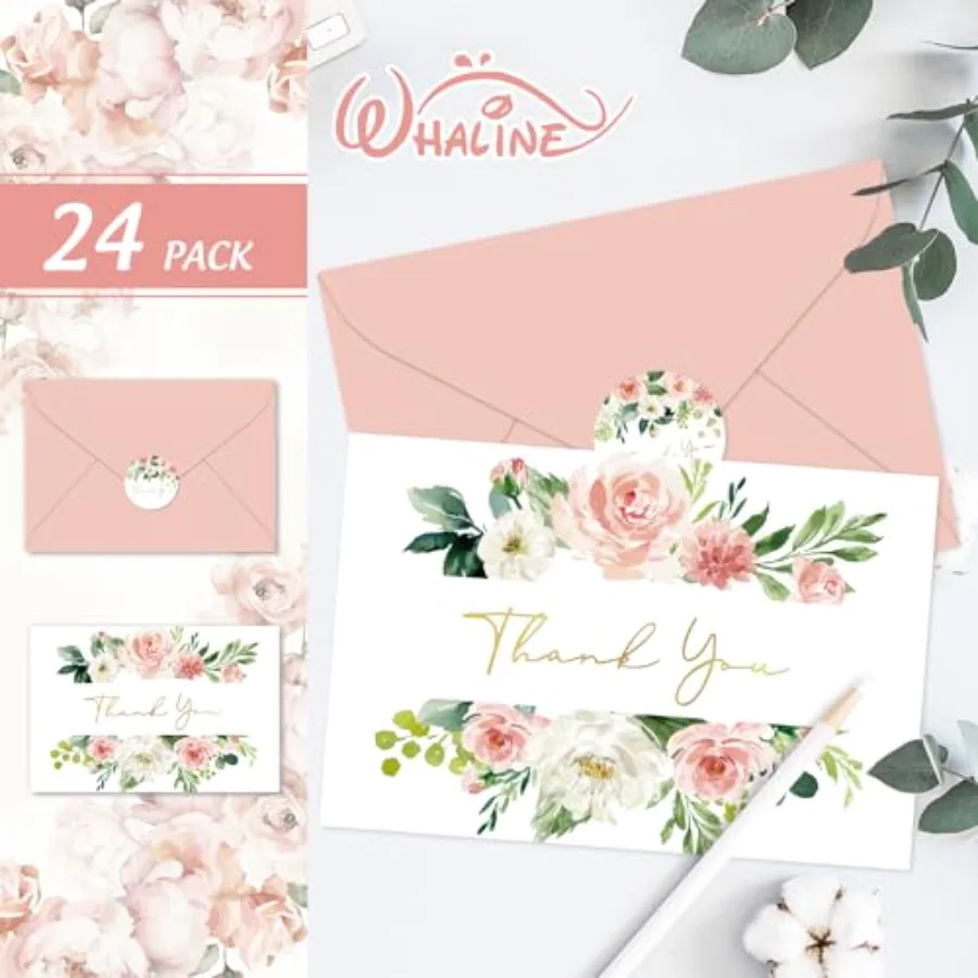 24 Pack Floral Thank You Cards Bulk Watercolor Pink Flower Foil Gold Thank, view 3