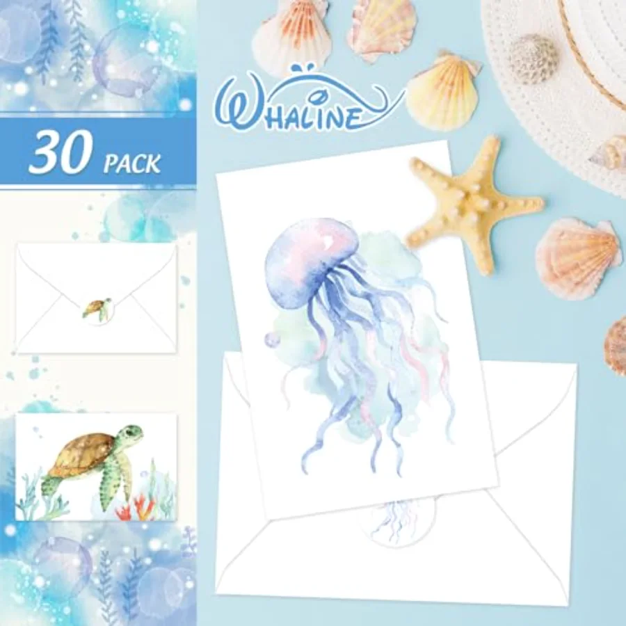 30Pcs Ocean Greeting Card with Envelope Sticker, view 3