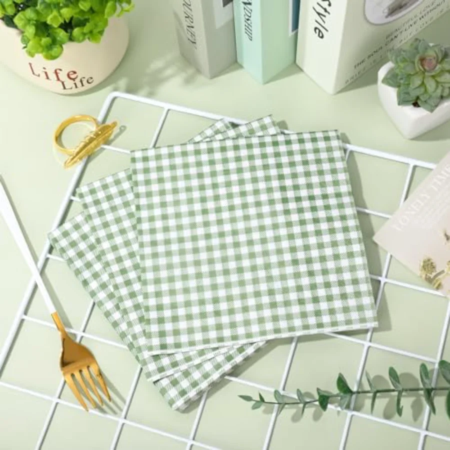 Sage Green Plaid Paper Napkins Checkered Disposable Dinner Napkins, view 4