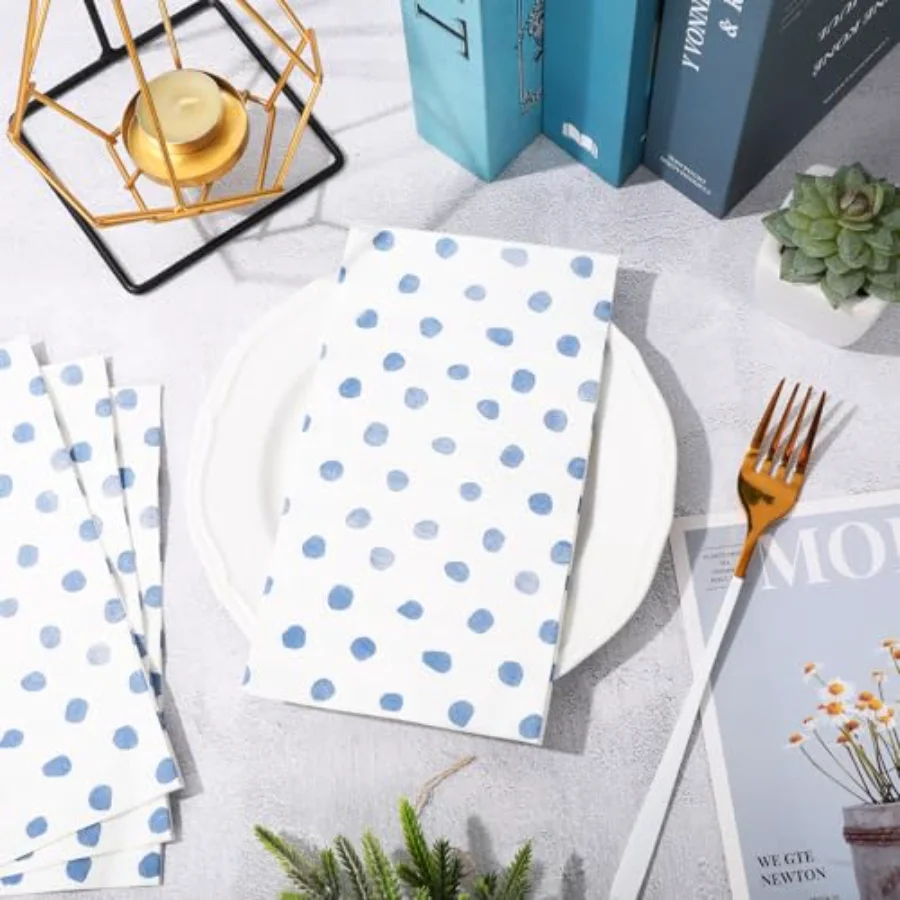 Polka Dots Guest Napkins White Blue 3 Ply Disposable Paper Napkins Dinner, view 3