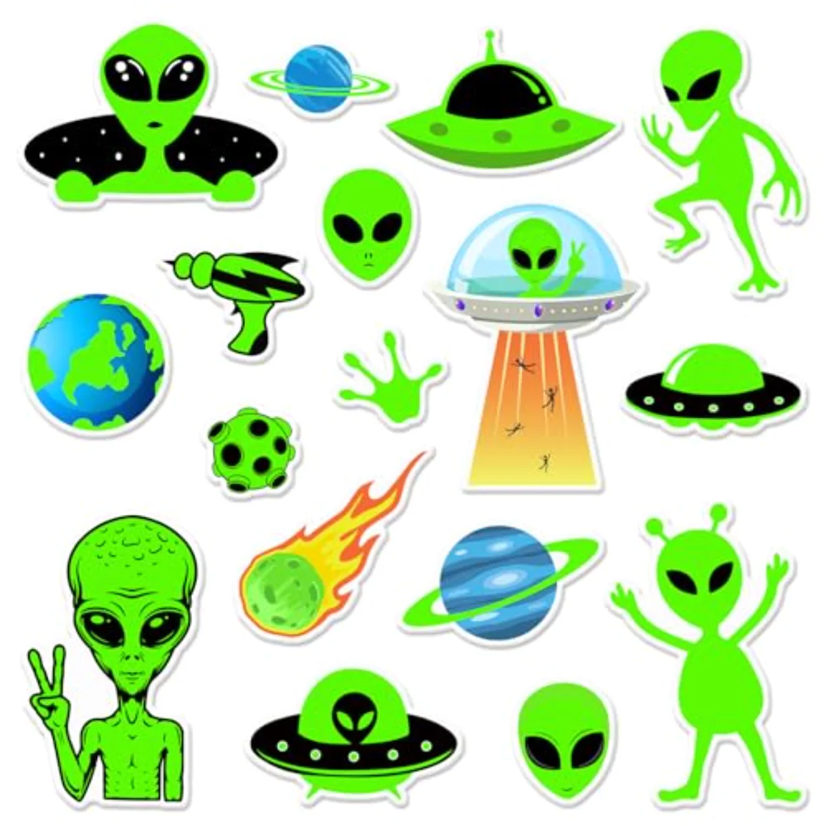 34Pcs Halloween Alien Thick Gel Clings Green Alien Flying Saucer UFO