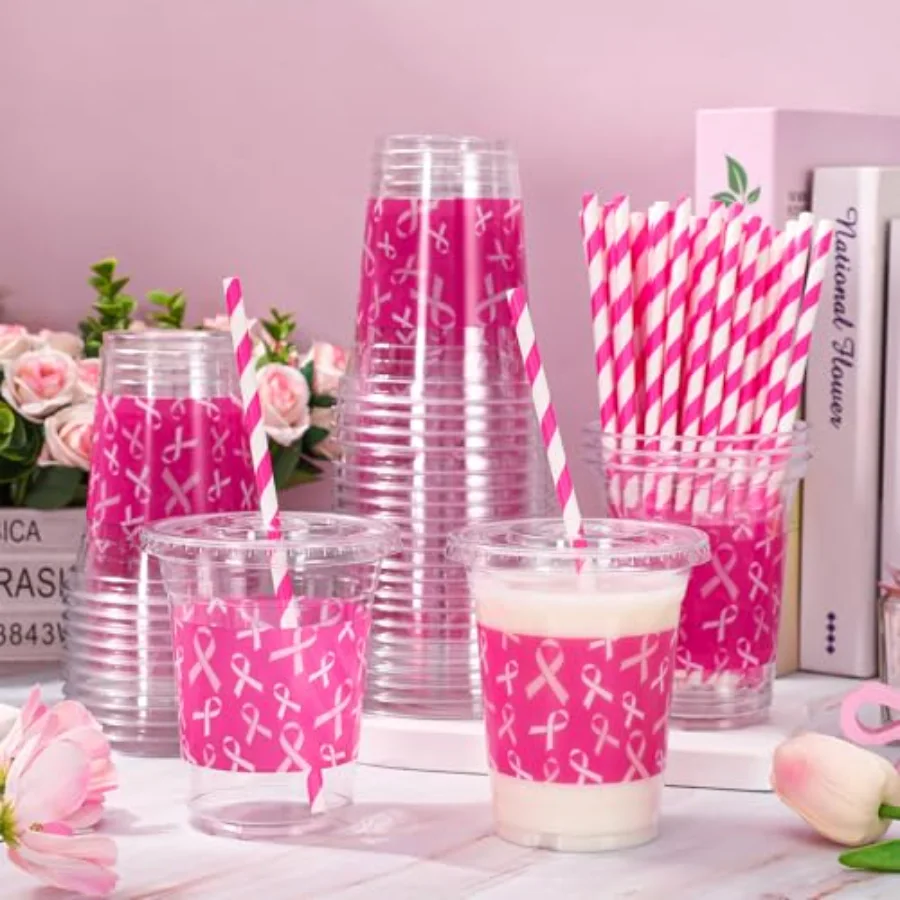 50Pcs Breast Cancer Awareness Plastic Cups with Lids Straws Pink White, view 4