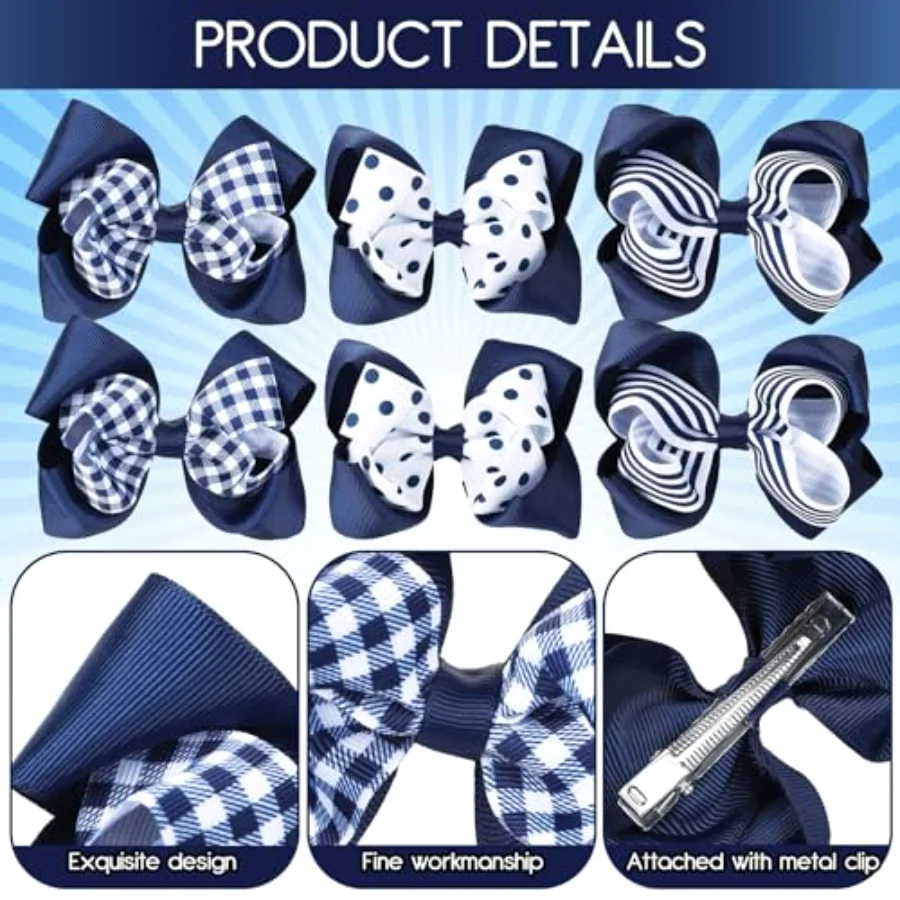 Hair Bow Clips, 6Pcs Back to School Uniform Hair Accessories, view 3