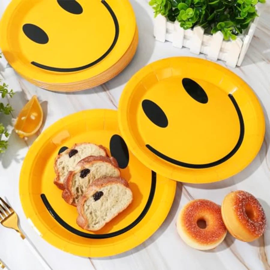 One Happy Dude Paper Plates Smile Face Disposable Plates Yellow Dessert, view 3