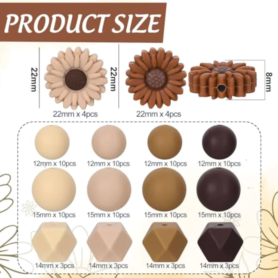 100Pcs Daisy Flower Silicone Beads with Elastic Rope Brown Round Hexagon, view 2