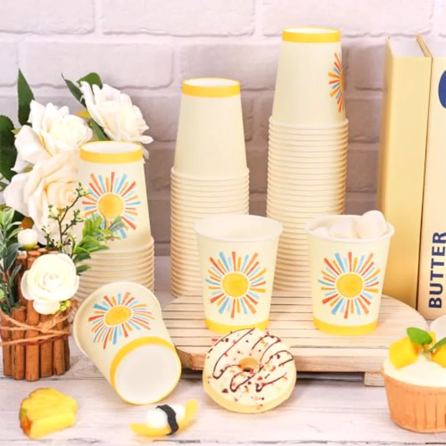 100 Pcs Boho Sun Paper Cups Watercolor Blue Yellow Sunshine Disposable, view 3
