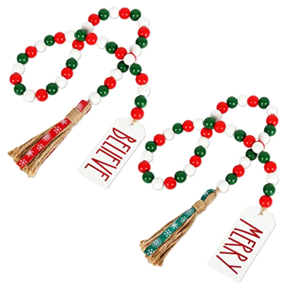 2Pcs Christmas Wooden Bead Garlands Red Green White Wood Beads with Merry