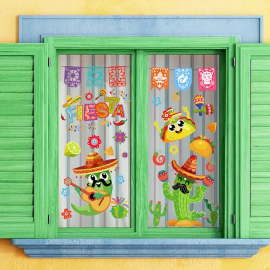 9 Sheet Mexican Fiesta Party Window Clings Cinco De Mayo Cactus Guitar, view 2