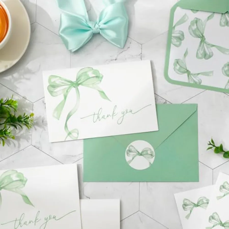 24 Pcs Green Bow Thank You Cards with Envelopes and Stickers Watercolor, view 3