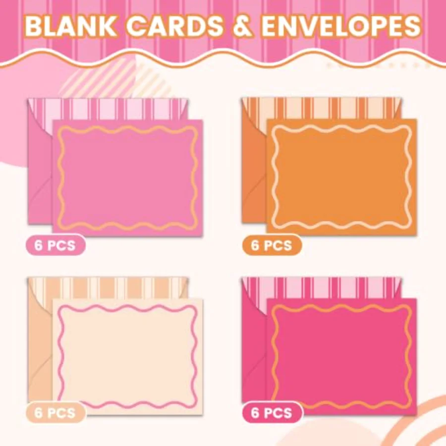 24Pcs Flat Blank Notes with Envelopes Pink-Orange Wavy Line Stripe Blank, view 3