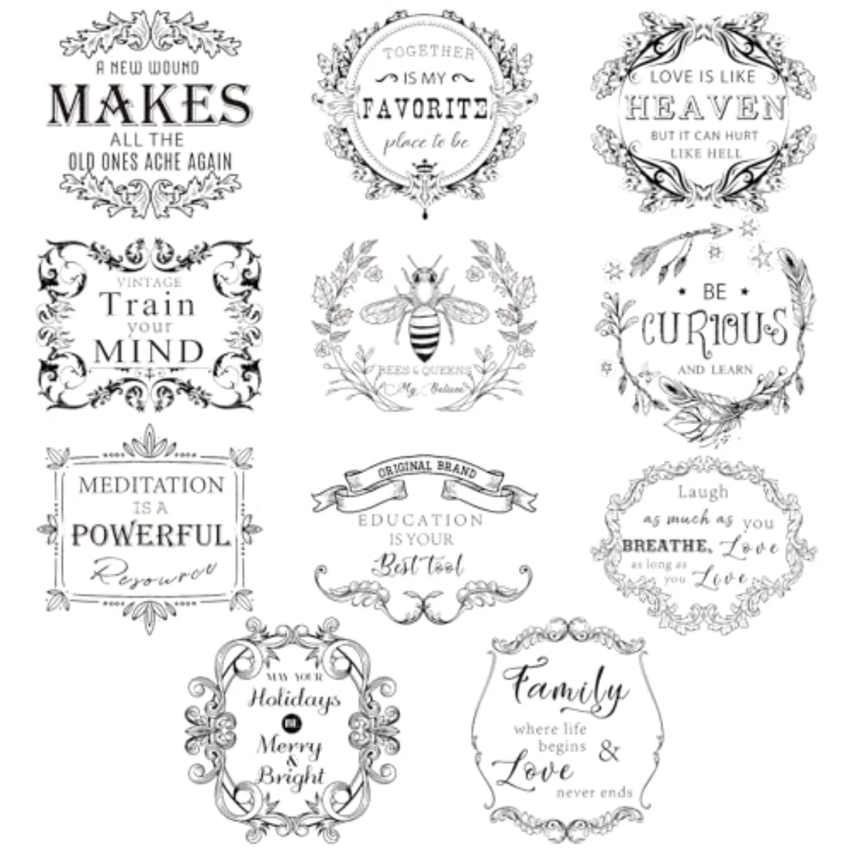 11 Sheets Vintage Word Rub on Transfer for Crafts Black Warm Letters Rub