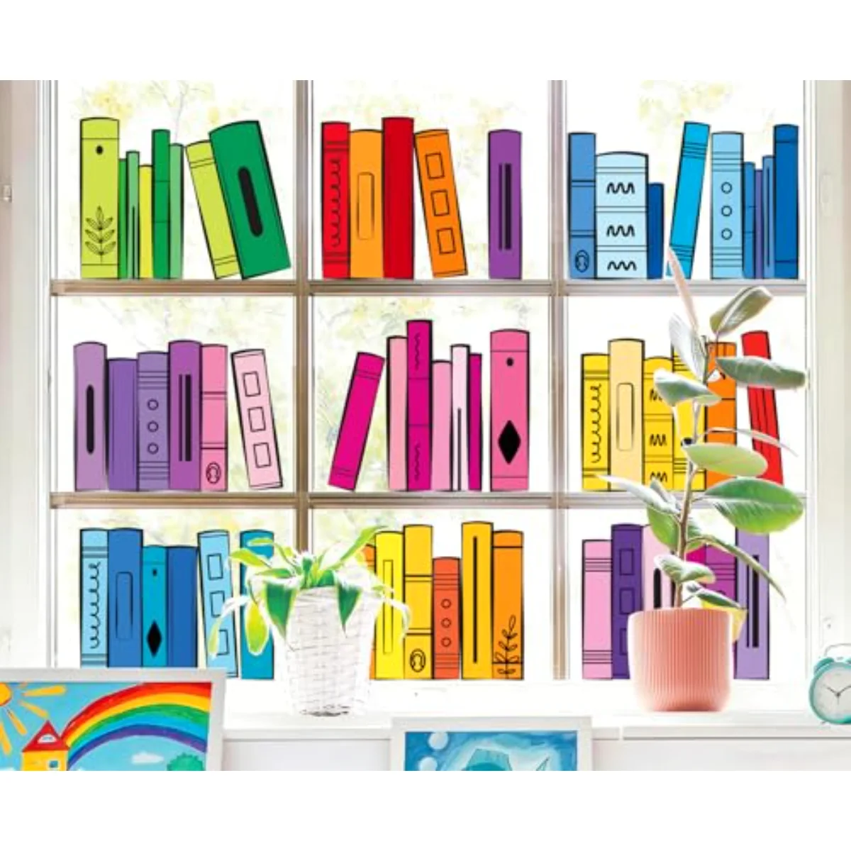9 Sheets Back to School Window Clings Colorful Bookshelf Window Decal