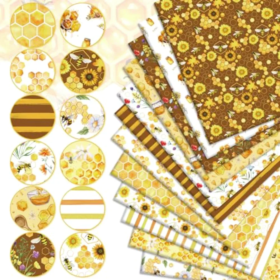 12 Pcs Summer Cotton Fabric Bundles Watercolor Bee Honeycomb Sunflower Fat, view 3